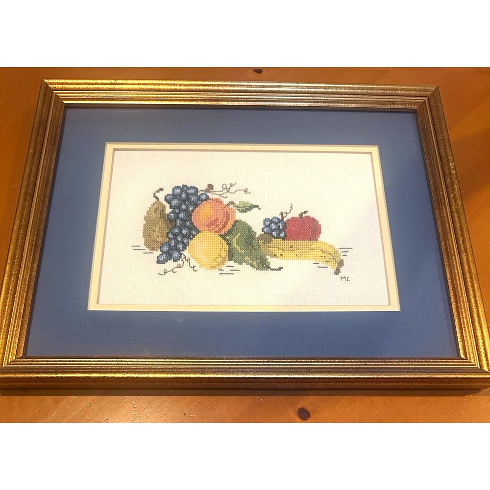 Vintage Fruit Still Life Cross Stitch Grapes Apple Framed Needlework Wall Art
